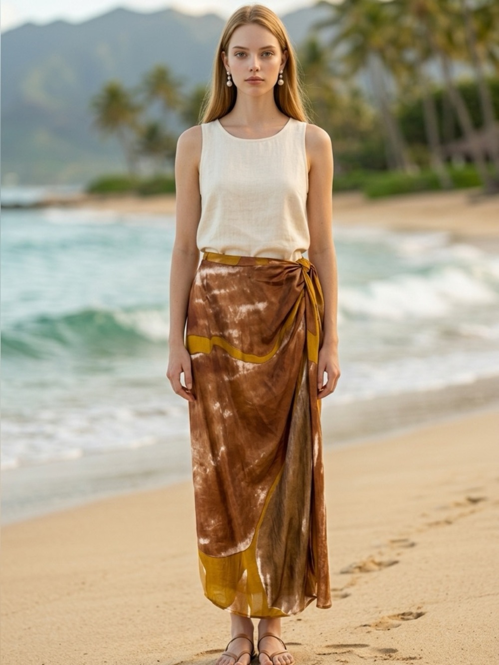 Zara Rust Brown Maxi Wrap Skirt with Mustard Accents